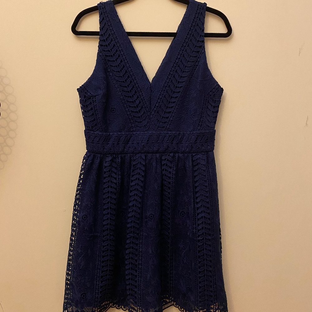 Navy Blue Sleeveless Fit & Flare Lace Dress w/straps